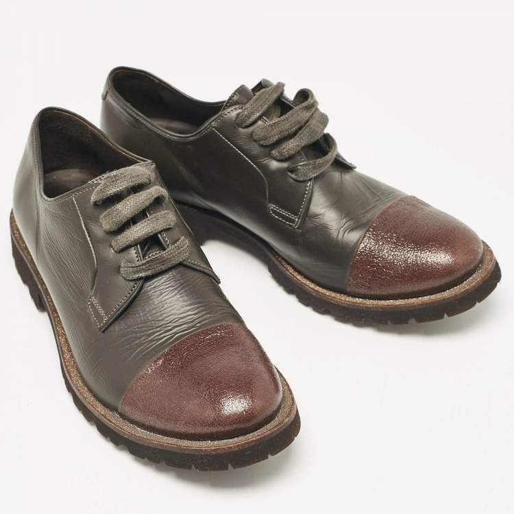 Pre Owned Brunello Cucinelli Two Tone Leather Lace Up Oxfords Size 37