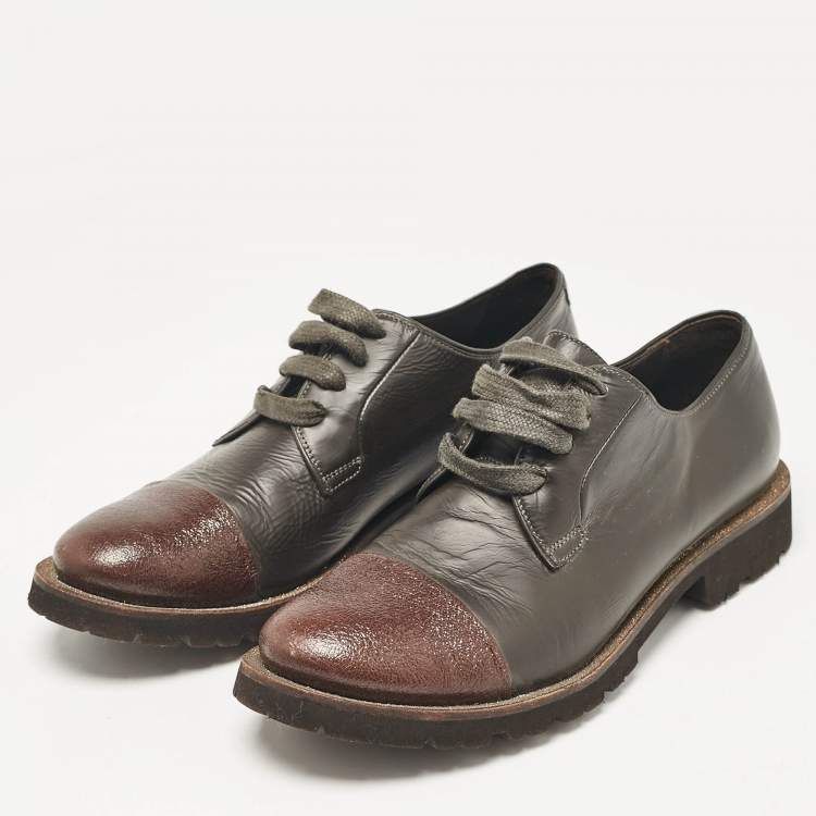 Pre Owned Brunello Cucinelli Two Tone Leather Lace Up Oxfords Size 37