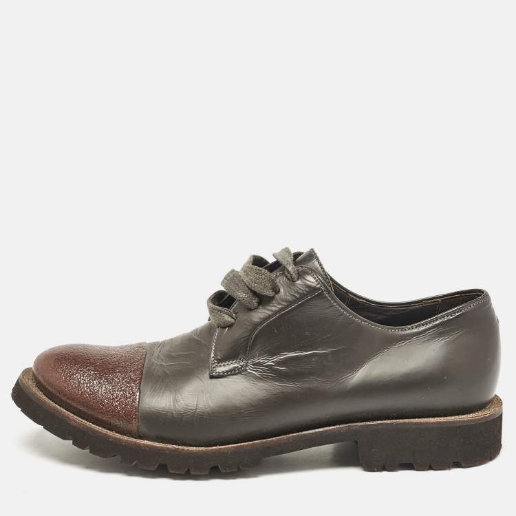 Pre Owned Brunello Cucinelli Two Tone Leather Lace Up Oxfords Size 37