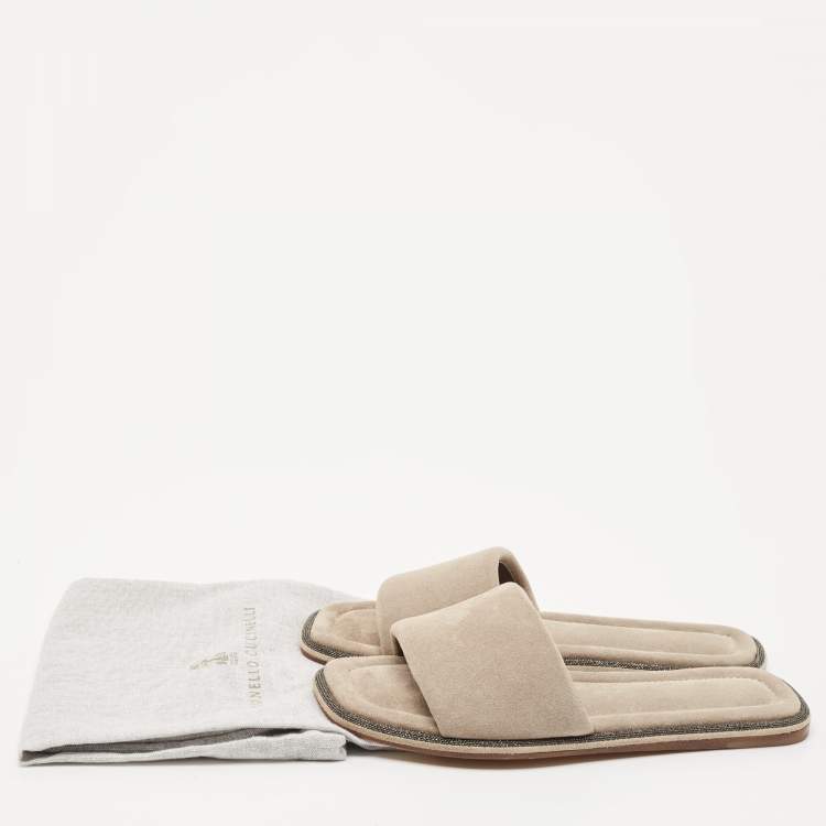Pre Owned Brunello Cucinelli Grey Suede Square Toe Flat Slide Size 37.5
