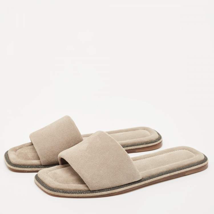 Pre Owned Brunello Cucinelli Grey Suede Square Toe Flat Slide Size 37.5