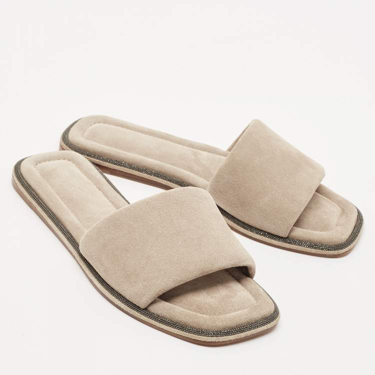Pre Owned Brunello Cucinelli Grey Suede Square Toe Flat Slide Size 37.5