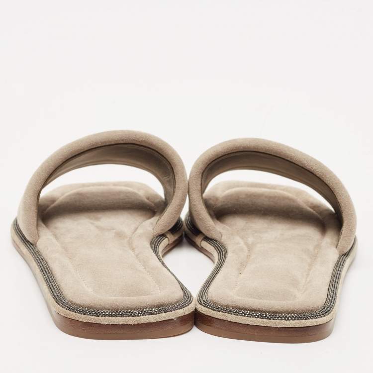 Pre Owned Brunello Cucinelli Grey Suede Square Toe Flat Slide Size 37.5