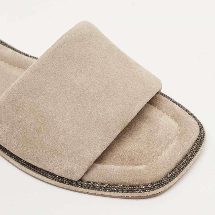 Pre Owned Brunello Cucinelli Grey Suede Square Toe Flat Slide Size 37.5