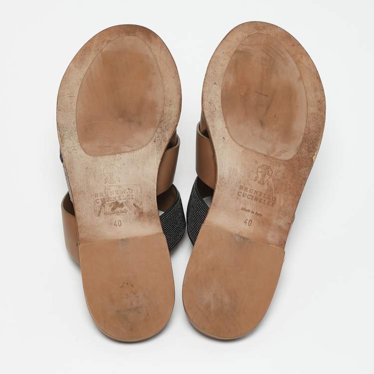 Pre Owned Brunello Cucinelli Multicolor Beads and Leather Crossover Flat Sandals Size 40