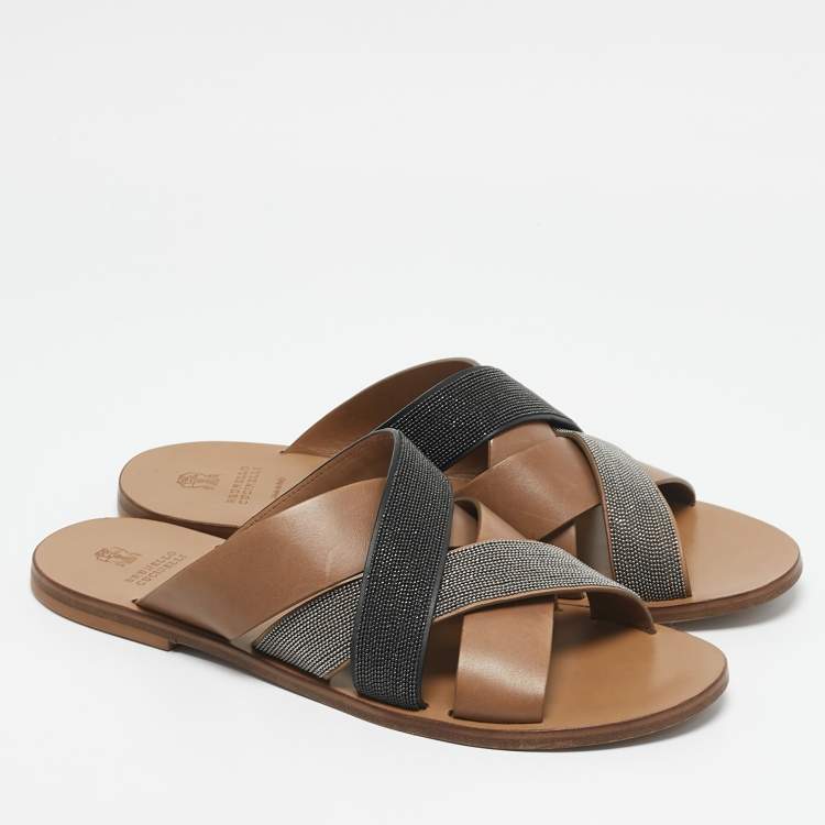 Pre Owned Brunello Cucinelli Multicolor Beads and Leather Crossover Flat Sandals Size 40