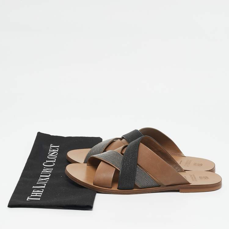 Pre Owned Brunello Cucinelli Multicolor Beads and Leather Crossover Flat Sandals Size 40