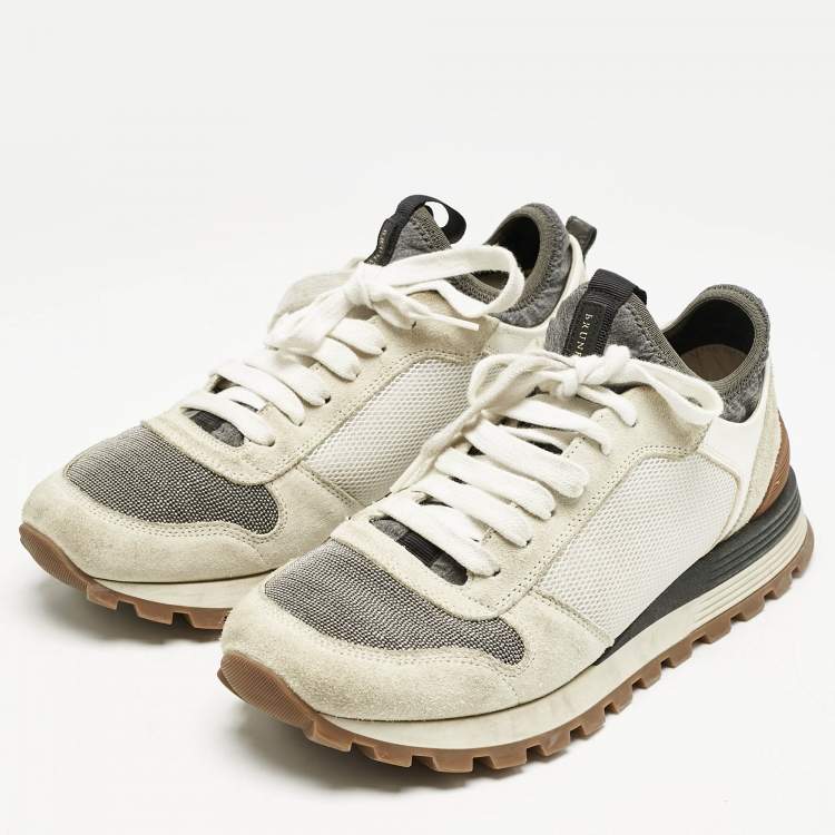 Pre Owned Brunello Cucinelli Grey/White Suede and Mesh Low Top Sneakers Size 39