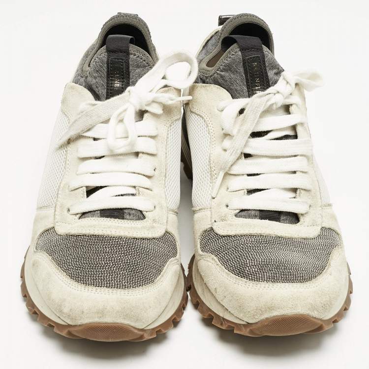 Pre Owned Brunello Cucinelli Grey/White Suede and Mesh Low Top Sneakers Size 39