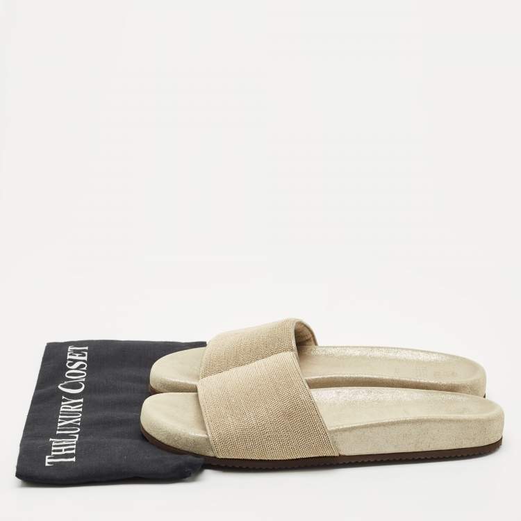 Pre Owned Brunello Cucinelli Gold Metal and Suede Flat Slides Size 40