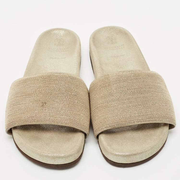 Pre Owned Brunello Cucinelli Gold Metal and Suede Flat Slides Size 40