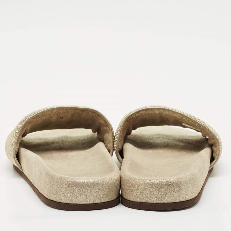 Pre Owned Brunello Cucinelli Gold Metal and Suede Flat Slides Size 40