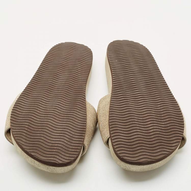 Pre Owned Brunello Cucinelli Gold Metal and Suede Flat Slides Size 40