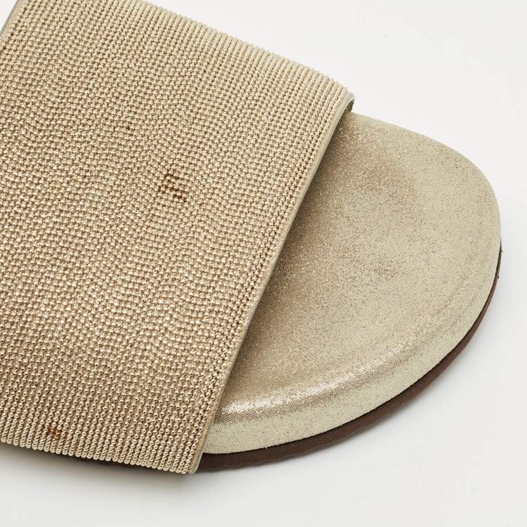 Pre Owned Brunello Cucinelli Gold Metal and Suede Flat Slides Size 40