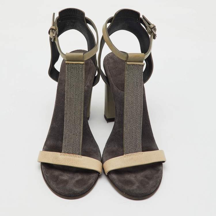 Pre Owned Brunello Cucinelli Multicolor Leather and Beads T-Strap Sandals Size 40