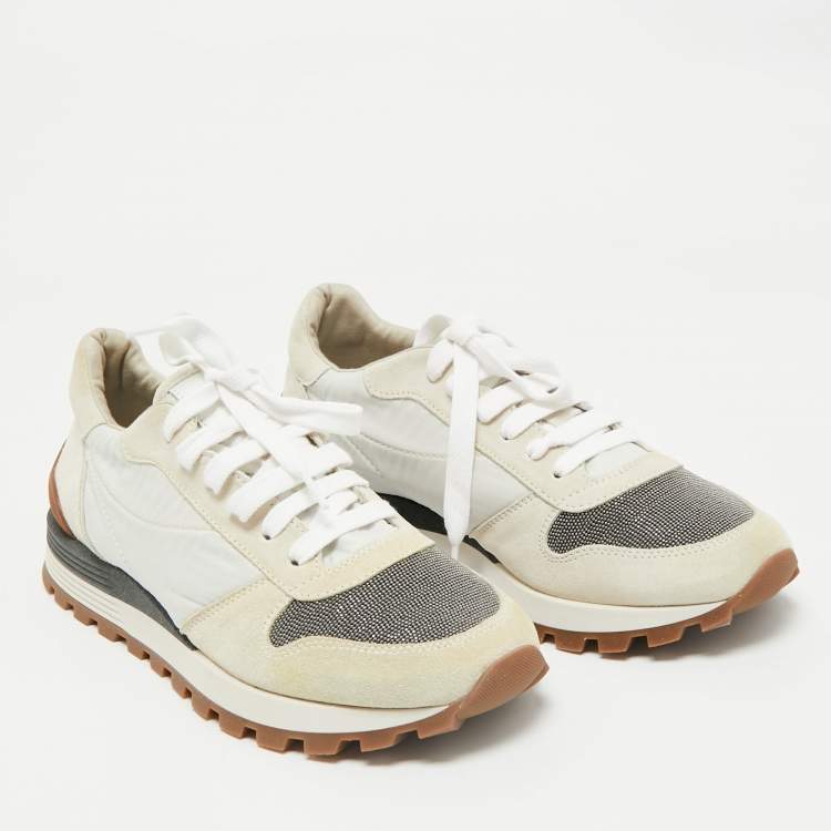 Pre Owned Brunello Cucinelli Grey/White Suede and Fabric Low Top Sneakers Size 39