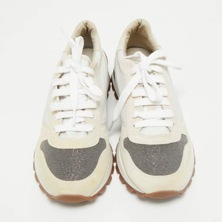 Pre Owned Brunello Cucinelli Grey/White Suede and Fabric Low Top Sneakers Size 39