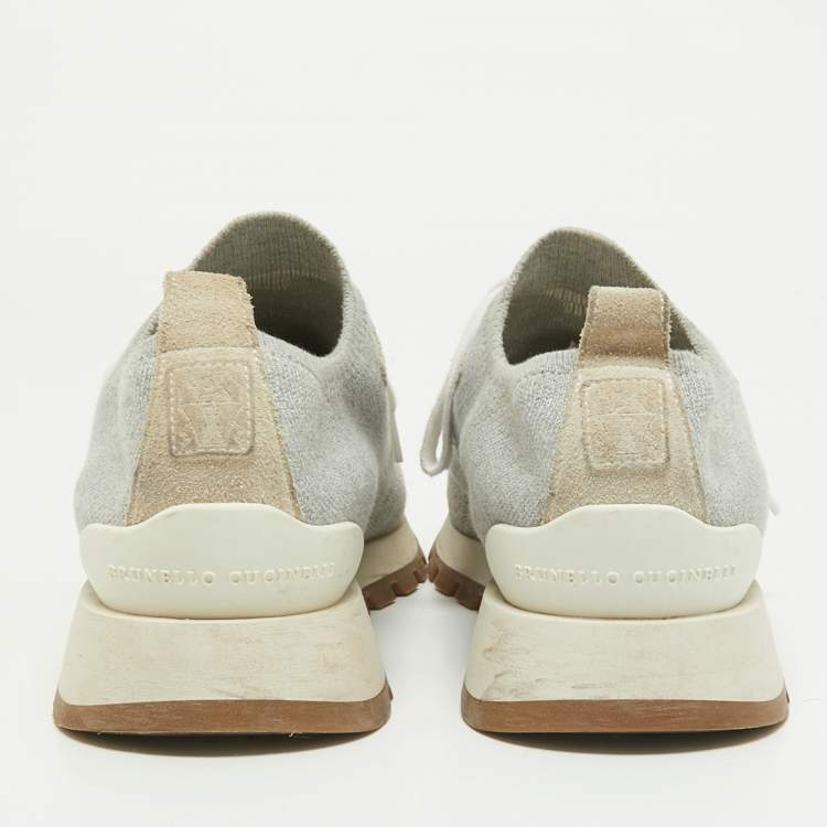 Pre Owned Brunello Cucinelli Grey/Silver Suede and Mesh Low Top Sneakers Size 38.5
