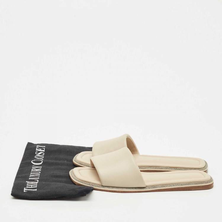 مملوكة مسبقًا Brunello Cucinelli Grey Leather Square Toe Flat Slide Size 38