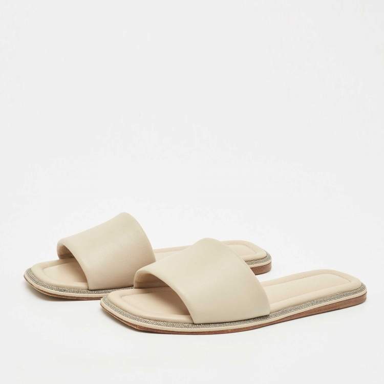 مملوكة مسبقًا Brunello Cucinelli Grey Leather Square Toe Flat Slide Size 38