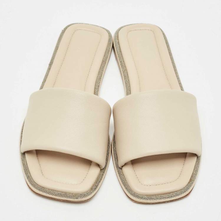 مملوكة مسبقًا Brunello Cucinelli Grey Leather Square Toe Flat Slide Size 38