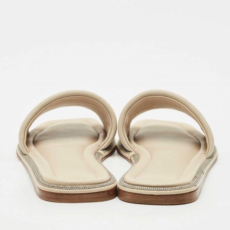 مملوكة مسبقًا Brunello Cucinelli Grey Leather Square Toe Flat Slide Size 38