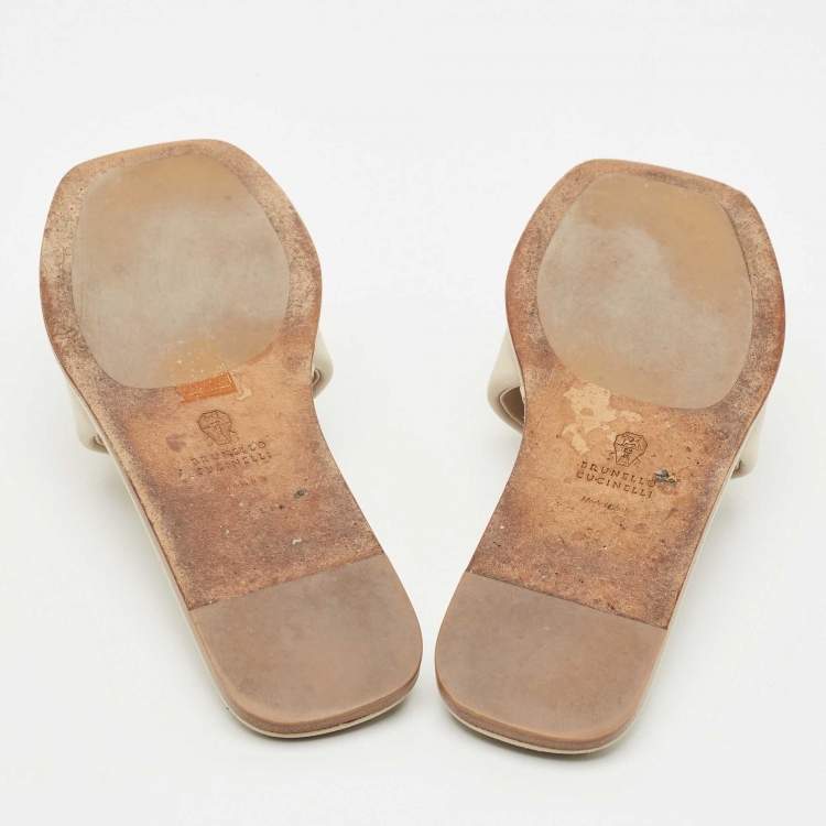 مملوكة مسبقًا Brunello Cucinelli Grey Leather Square Toe Flat Slide Size 38