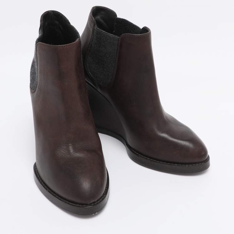 Pre Owned Brunello Cucinelli Brown Elastane and Leather Wedge Ankle Length Boots Size 37