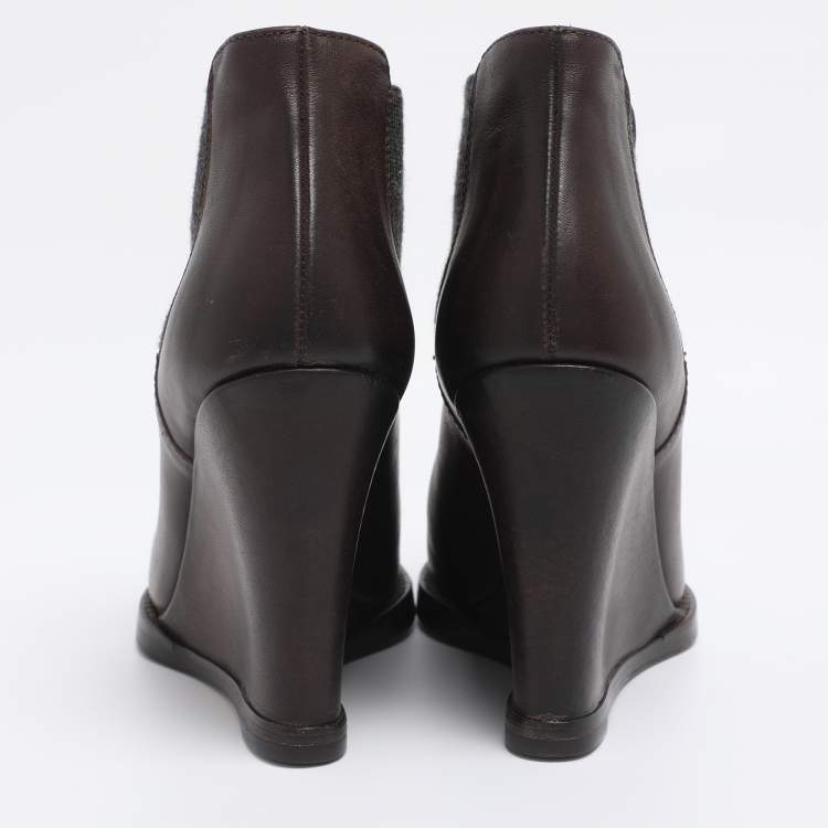 Pre Owned Brunello Cucinelli Brown Elastane and Leather Wedge Ankle Length Boots Size 37