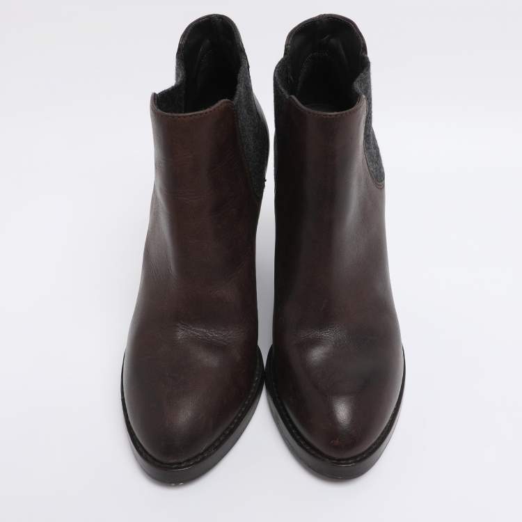 Pre Owned Brunello Cucinelli Brown Elastane and Leather Wedge Ankle Length Boots Size 37