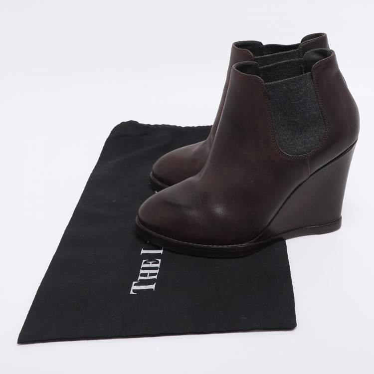 Pre Owned Brunello Cucinelli Brown Elastane and Leather Wedge Ankle Length Boots Size 37