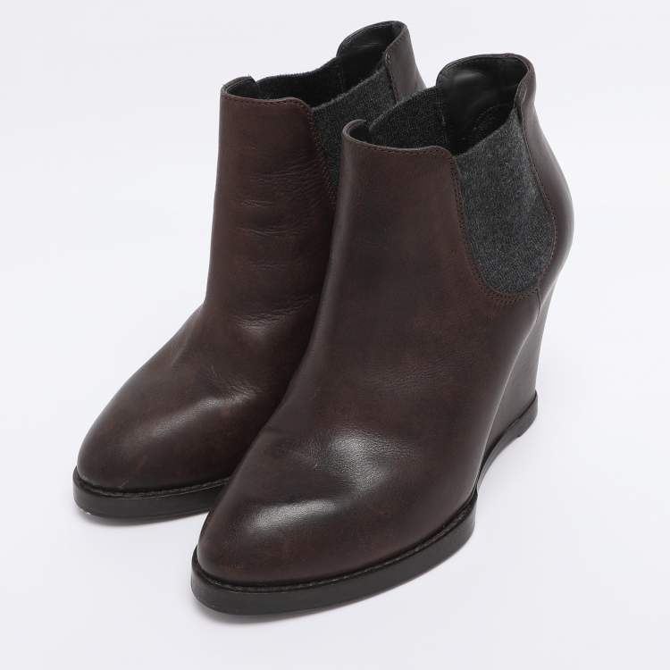 Pre Owned Brunello Cucinelli Brown Elastane and Leather Wedge Ankle Length Boots Size 37
