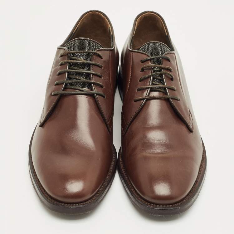 Pre Owned Brunello Cucinelli Brown Leather Monili Embellish Derby Size 38