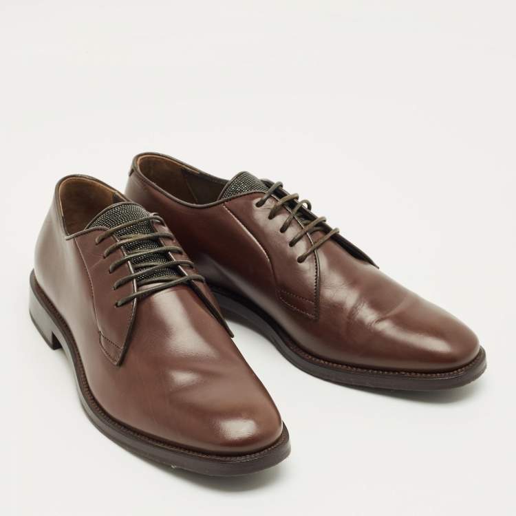 Pre Owned Brunello Cucinelli Brown Leather Monili Embellish Derby Size 38