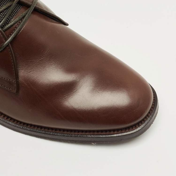 Pre Owned Brunello Cucinelli Brown Leather Monili Embellish Derby Size 38