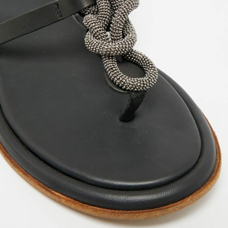 مملوكة مسبقًا Brunello Cucinelli Black Leather Beads Knot T-Strap Flat Sandals Size 38