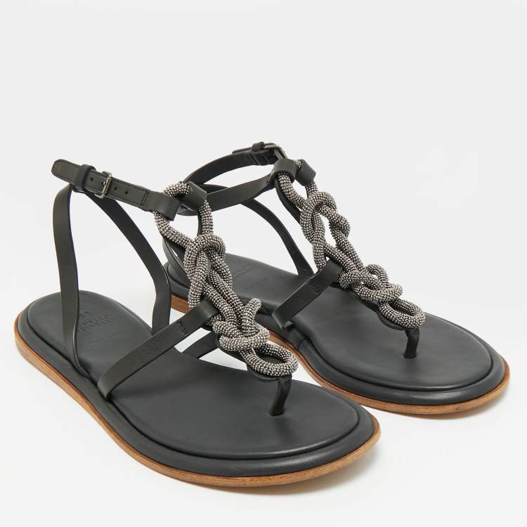 مملوكة مسبقًا Brunello Cucinelli Black Leather Beads Knot T-Strap Flat Sandals Size 38