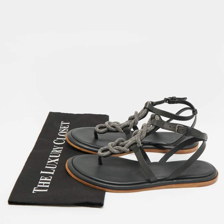 مملوكة مسبقًا Brunello Cucinelli Black Leather Beads Knot T-Strap Flat Sandals Size 38