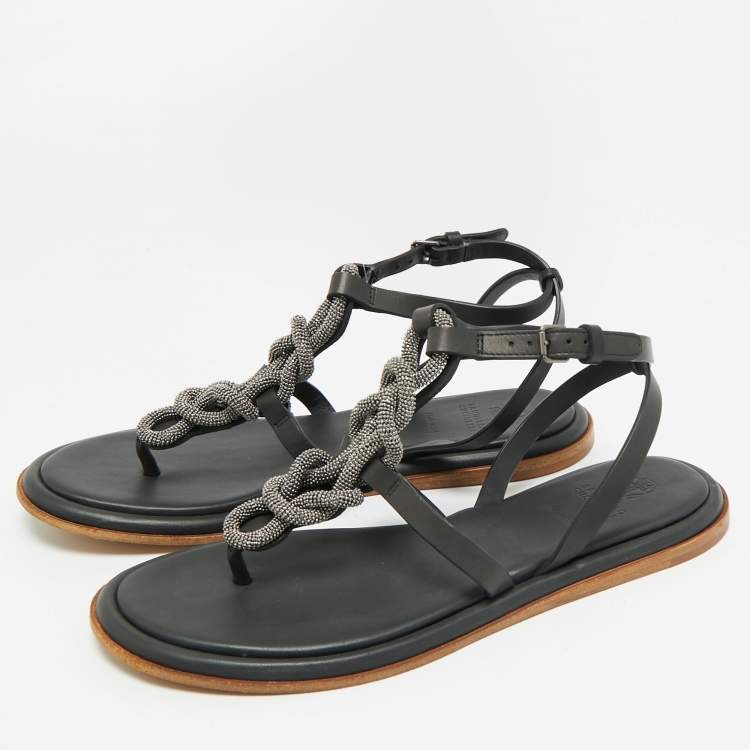 مملوكة مسبقًا Brunello Cucinelli Black Leather Beads Knot T-Strap Flat Sandals Size 38