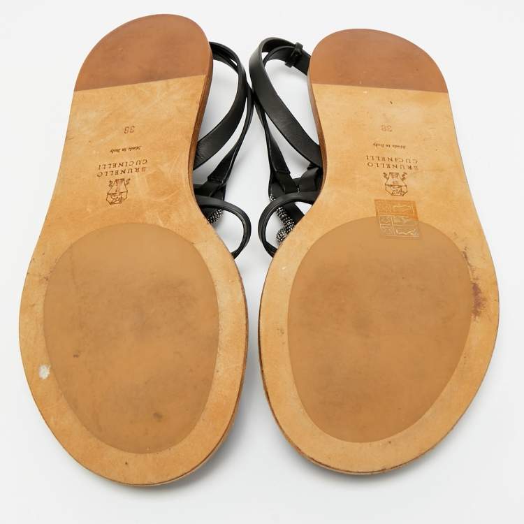 مملوكة مسبقًا Brunello Cucinelli Black Leather Beads Knot T-Strap Flat Sandals Size 38