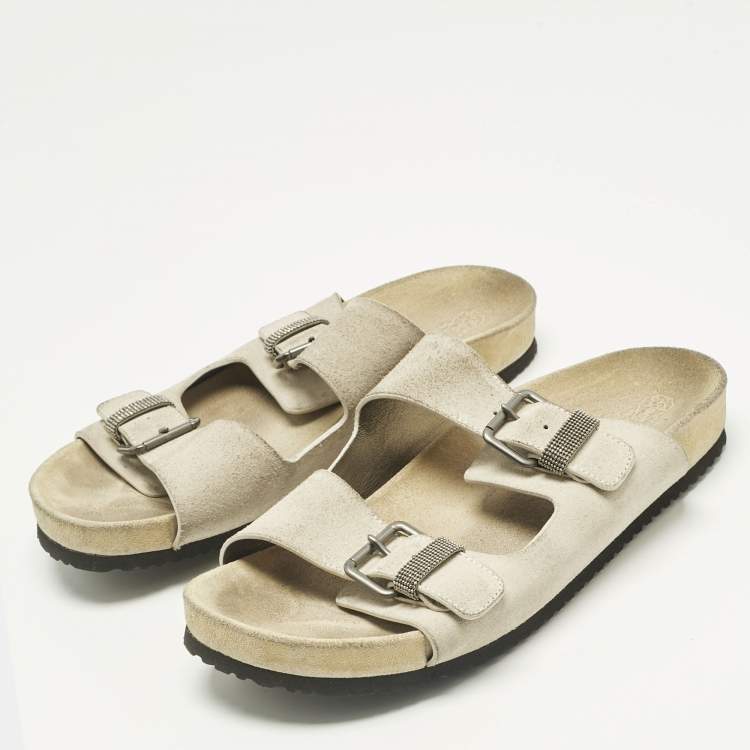 Pre Owned Brunello Cucinelli Off White Suede Flat Slide Sandals Size 38.5