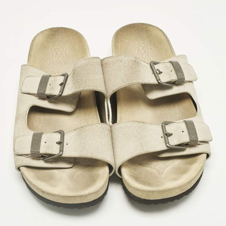 Pre Owned Brunello Cucinelli Off White Suede Flat Slide Sandals Size 38.5