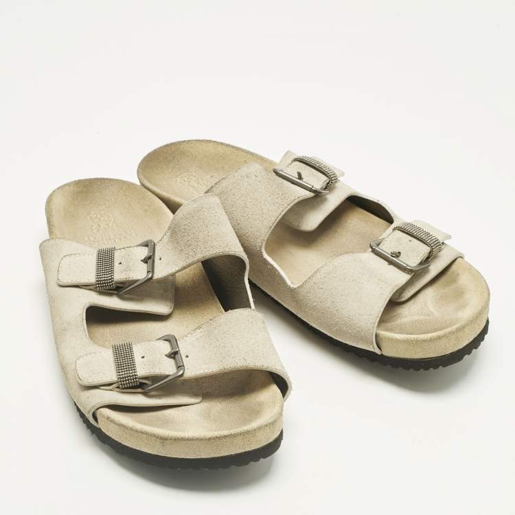 Pre Owned Brunello Cucinelli Off White Suede Flat Slide Sandals Size 38.5
