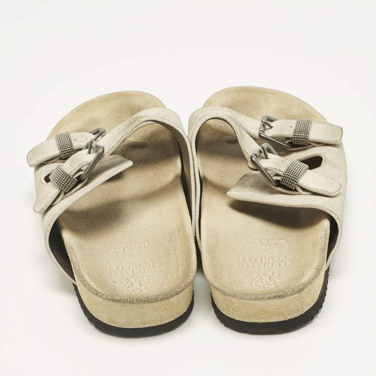Pre Owned Brunello Cucinelli Off White Suede Flat Slide Sandals Size 38.5