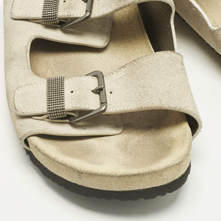 Pre Owned Brunello Cucinelli Off White Suede Flat Slide Sandals Size 38.5