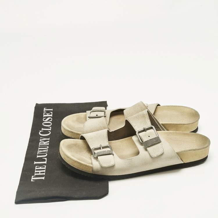 Pre Owned Brunello Cucinelli Off White Suede Flat Slide Sandals Size 38.5