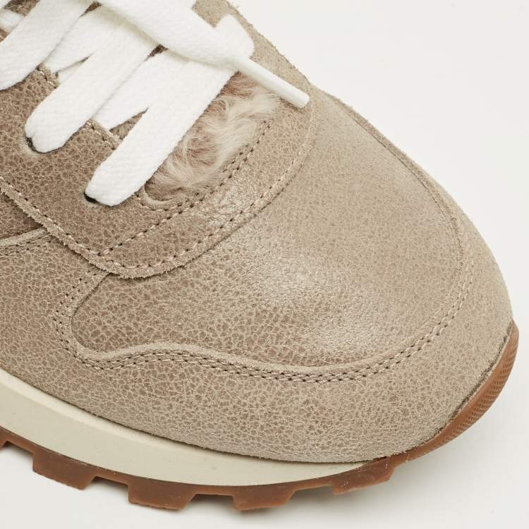 Pre Owned Brunello Cucinelli Grey Leather Lace Up Sneakers Size 35.5