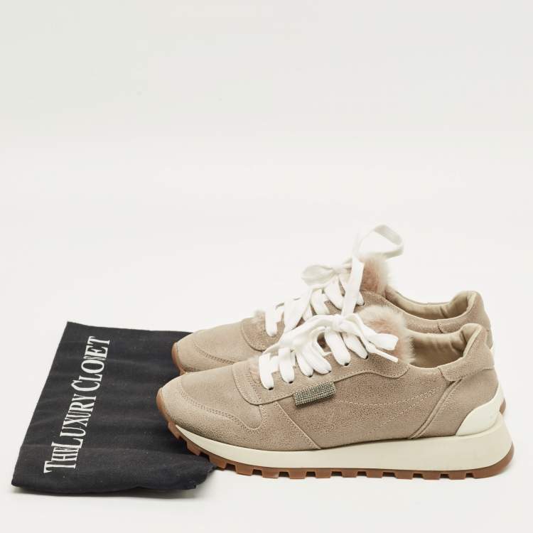 Pre Owned Brunello Cucinelli Grey Leather Lace Up Sneakers Size 35.5