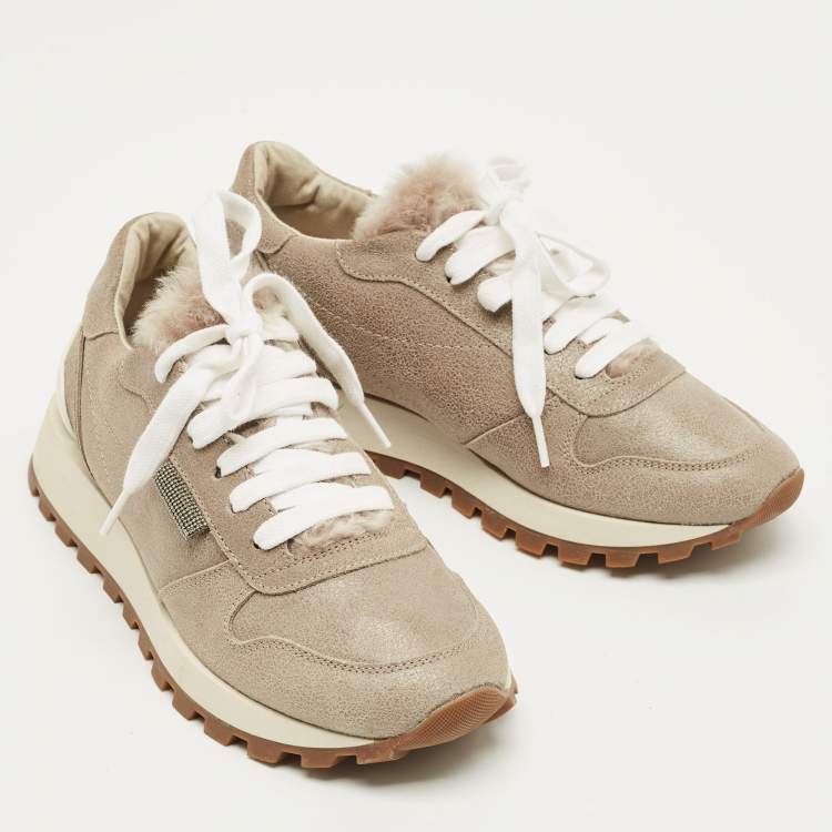 Pre Owned Brunello Cucinelli Grey Leather Lace Up Sneakers Size 35.5