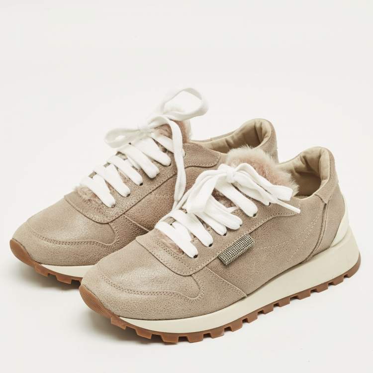 Pre Owned Brunello Cucinelli Grey Leather Lace Up Sneakers Size 35.5